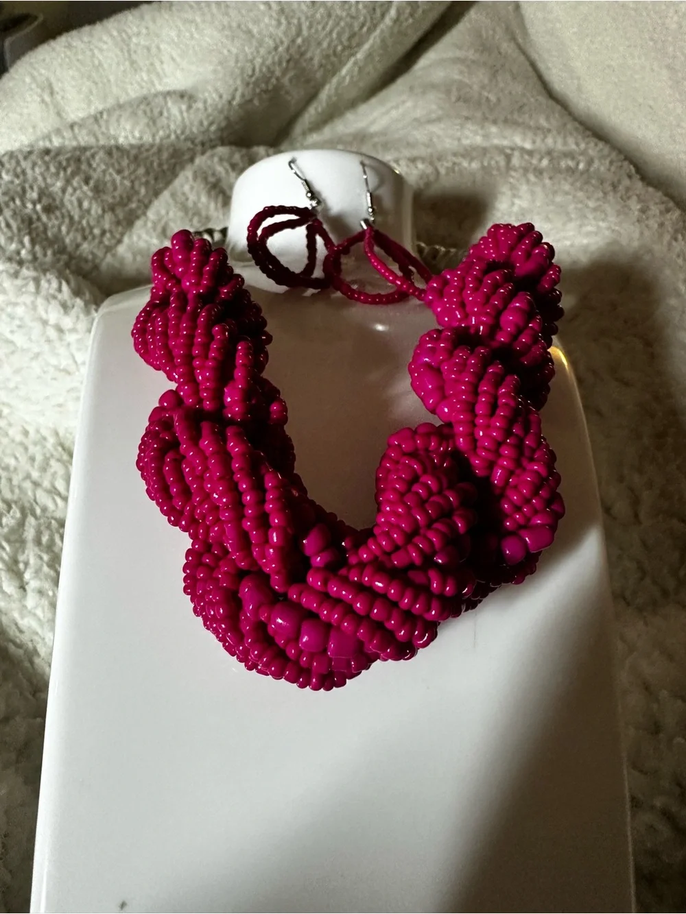 Handcrafted Hot Pink Beaded Necklace & Earrings Set